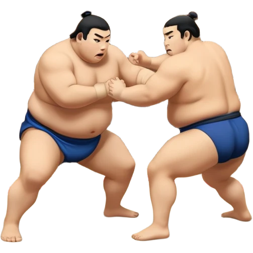 Two sumo wrestlers in a classic dohyo ring, each displaying powerful stances and ready to engage in a fierce match. One wrestler attempts a pushing attack, while the other counters with a thrust. The background shows the traditional sumo arena and spectators. Transparent background. emoji