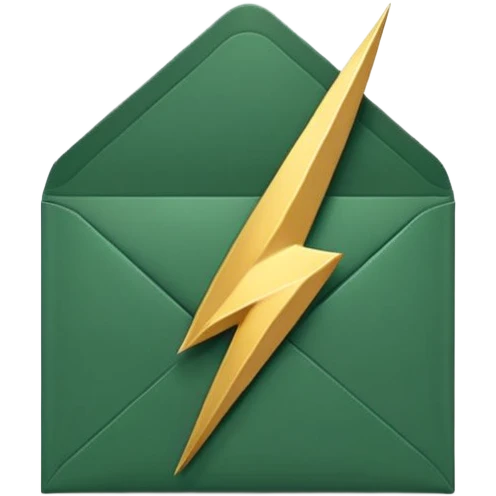 3D minimal envelope icon with small lightning bolt accent, matte finish, deep green (#0B3D2C), gold (#C9B037) lightning, Apple style, ultra minimal, soft shadow, transparent background emoji