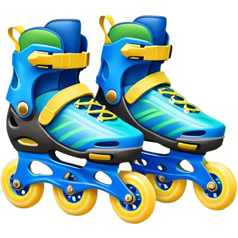 An icon featuring a pair of colorful inline rollerblades resting on a park path. The background showcases winding park pathways, lush green trees, and vibrant flowers along the way. The scene radiates a sense of freedom and outdoor activity under a clear blue sky. Transparent background emoji