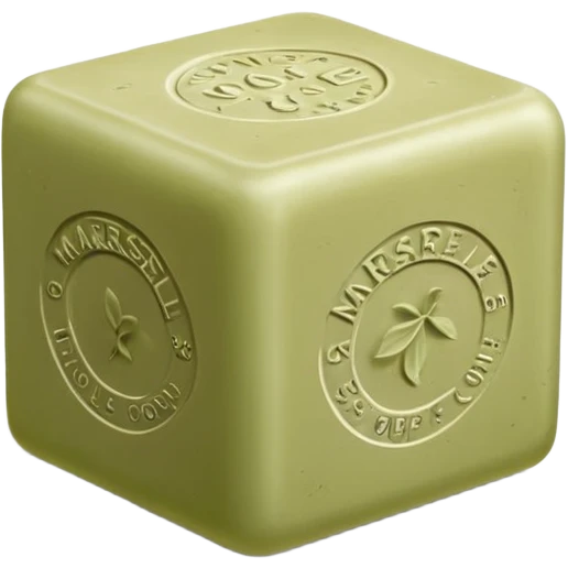 single cube of traditional Marseille soap, matte slightly rough surface, pale olive-green color, embossed classic markings on sides, natural imperfections like air bubbles and uneven edges, no packaging or extras, soft lighting, subtle shadows, emoji scale emoji