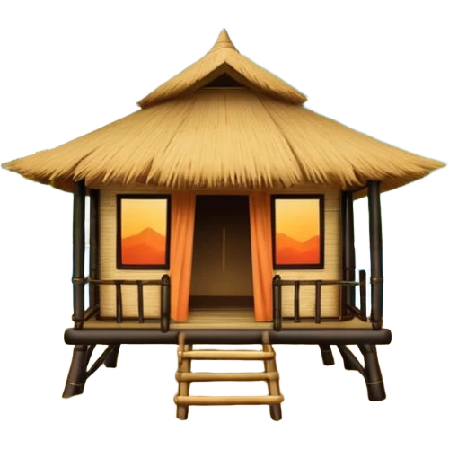 bamboo hut with volcano in the back in Volcano Island  emoji