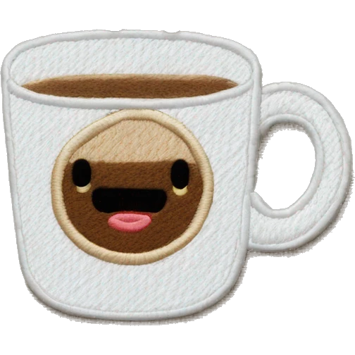 White cup of coffee. Cup is with an embroidery emoji