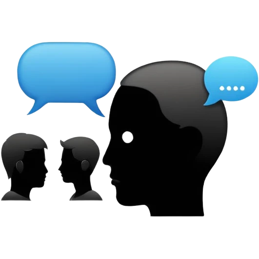 Minimalistic flat vector icon, iOS style, thin black contour on white background. Human head with speech bubble and small group of people silhouettes listening. Clean, no text, no shadows emoji