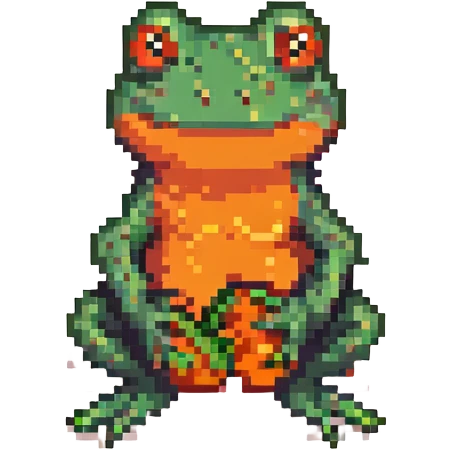 chubby pixel art frog with persimmon orange skin, sitting and smiling emoji