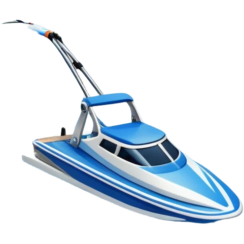 humanless icon showing water skis on the surface of the water, with ski ropes trailing behind. In the background, a boat fades into the distance, leaving a wake. The focus is on the skis gliding across the water. Transparent background highlights the thrill and speed of water skiing. emoji