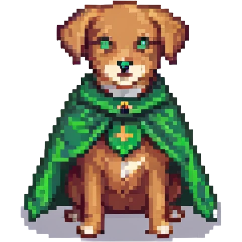 A pixel art style emoji of a super dog with a green cape. emoji