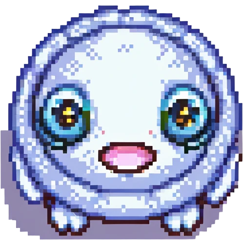 A cute and friendly cartoon character, a small round creature with big expressive eyes and a tiny mouth, with a round body and small limbs, in a pixel art style with a limited color palette. emoji