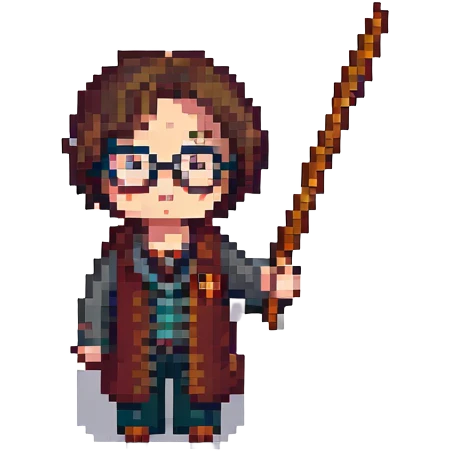 Harry Potter with glasses and wand in pixel art style emoji