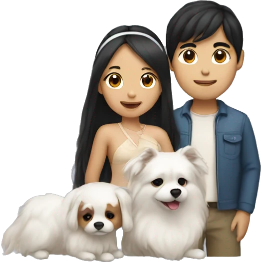 an Asian girl with long hair and an Asian guy with a headband. they are holding a small white fluffy dog emoji