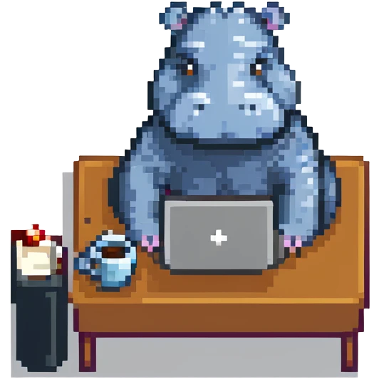 A cartoon hippopotamus who sits at a laptop and drinks coffee emoji
