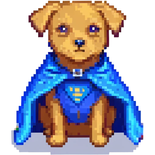 A pixel art style emoji of a super dog with a blue cape. emoji