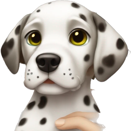 Full face of White Girl with dark brown curly hair and green eyes is holding Dalmatian puppy emoji
