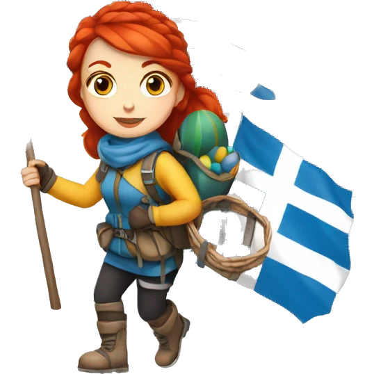 Female winter mountaineer red hair white skin climbing with Greek Flag and Easter eggs basket emoji