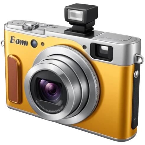 compact silver digital camera with a circular extended lens, metallic finish, small built-in flash and minimal buttons. from a slight 45 degree angle emoji
