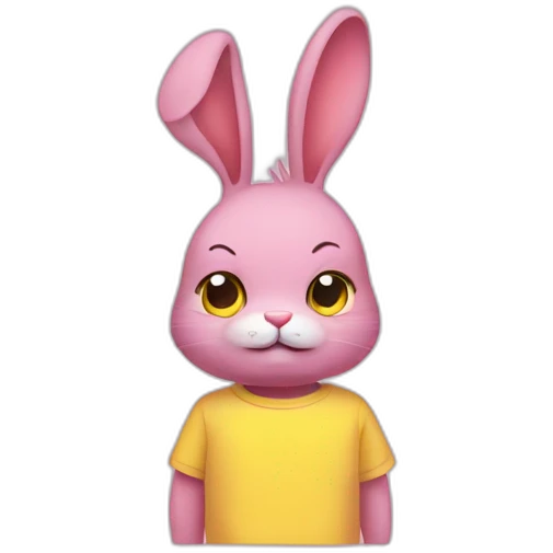 rabbit pink frowning, wears teeshirt yellow emoji
