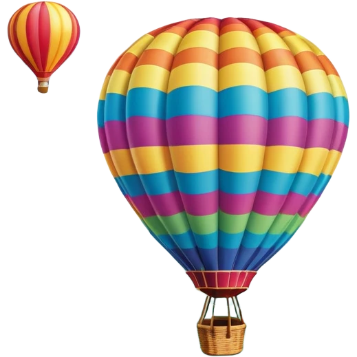 A colorful hot air balloon floating gracefully above the ground, with a clear sky and distant hills in the background. The balloon's vibrant colors stand out against the soft clouds, capturing the peaceful yet adventurous spirit of hot air ballooning. emoji