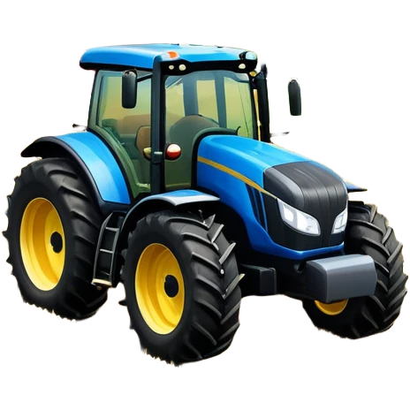 An icon representing a farming simulator, with a detailed tractor plowing fields under a bright sky with rural landscape. The design includes farming tools, crops and barns, symbolizing the immersive experience of managing a farm. Transparent background. emoji