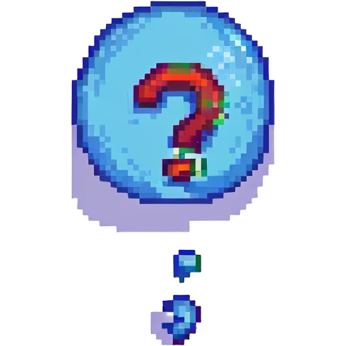 pixel art comic-style question bubble, blocky, with a question mark emoji