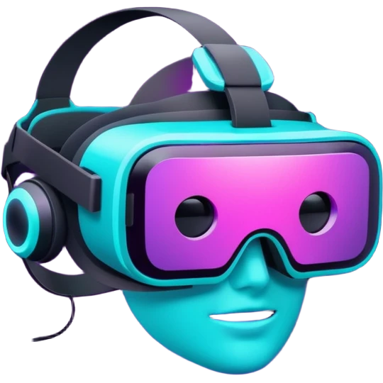 Futuristic glowing VR headset, full visor, immersive design, purple and cyan neon glow, dark background, digital tech style, no face. emoji