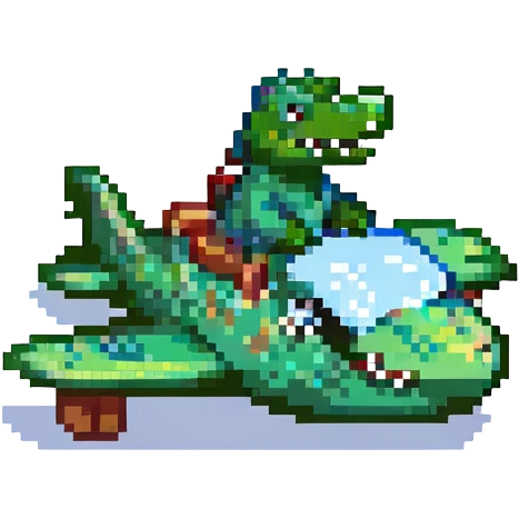pixel art green crocodile riding an airplane, simple blocky style emoji