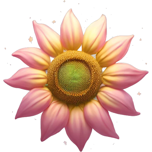 Sunflower (Pink Variation) "A surreal pastel pink sunflower with glowing petals, a shimmering golden center, and tiny stars floating around its edges." emoji