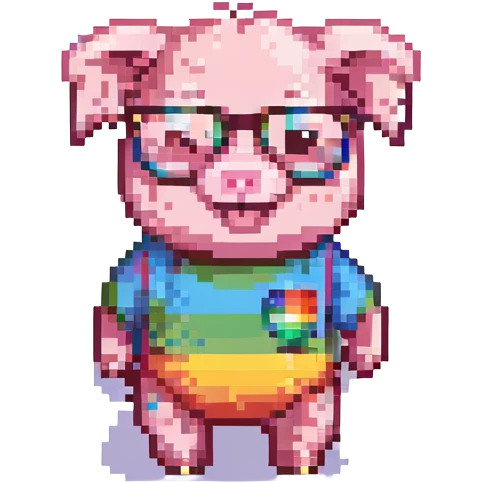 kawaii pixel art baby pig, round glasses, rainbow t-shirt, shorts, standing, smiling, 32x32, bright colors emoji