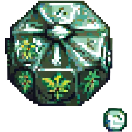 pixel art 20-sided die d20 with a marijuana joint leaning against it emoji