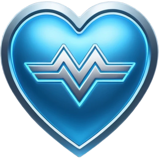 Futuristic premium medical AI logo emoji, sleek metallic heart or shield, ECG line forming stylized letters AI, neon blue and silver, 3D effect, glowing edges, minimal but bold, tech-savvy, high-tech healthcare branding, instantly recognizable, viral-ready, vector flat style with subtle shadows emoji