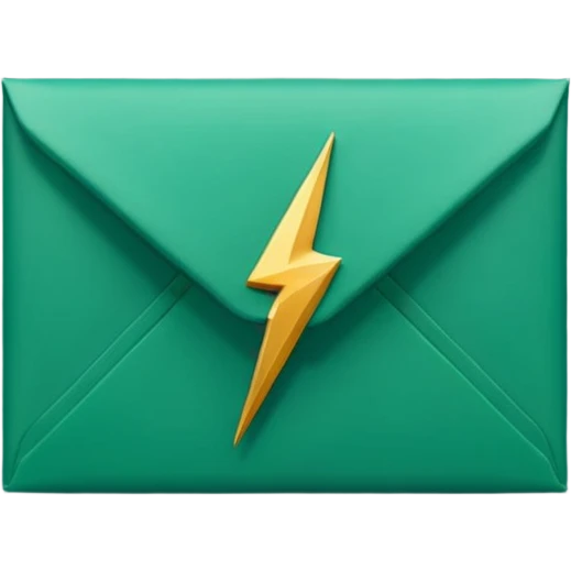 3D minimal envelope icon with small lightning bolt accent, matte finish, deep green (#0B3D2C), gold (#C9B037) lightning, Apple style, ultra minimal, soft shadow, transparent background emoji