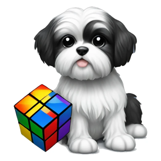 Black white Shitzu with a Rubik’s cube sticker