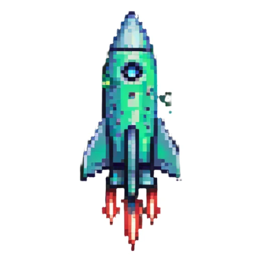 rocket ship with green to red gradient, pixel art style sticker