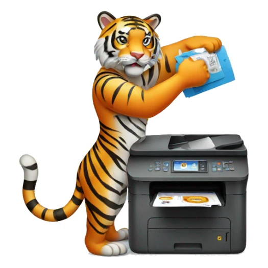 a tiger standing in a human pose with a printer in its hands sticker