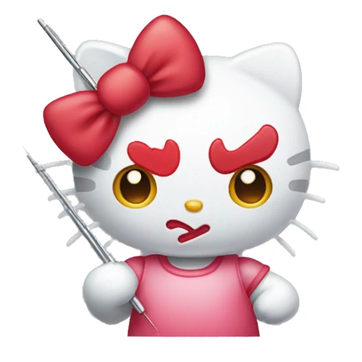 Hello kitty with red eyes holding a needle sticker