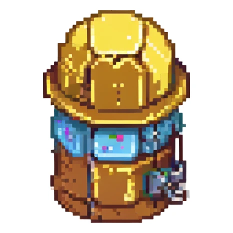 a can wearing a construction hat, pixel art style sticker