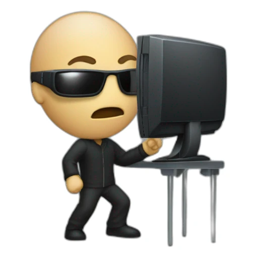 the matrix debugging maniac going crazy holding up computer hair stood up sticker
