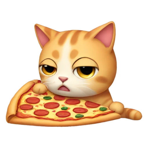 sad cat with a pizza sticker
