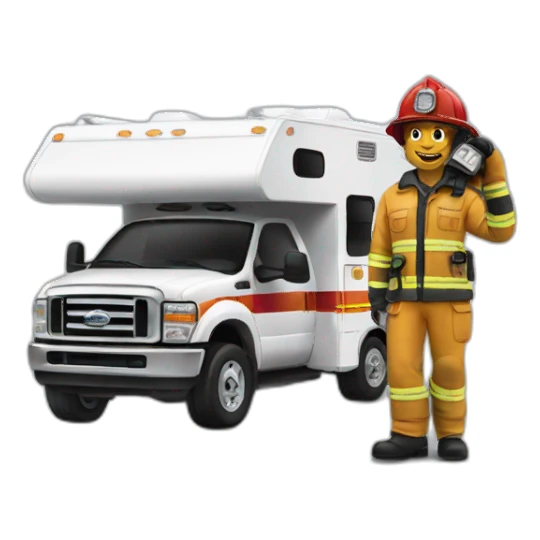 Firefighter posing next to a motorhome sticker