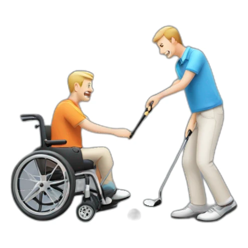 A man playing golf with a disable guy as a ball sticker