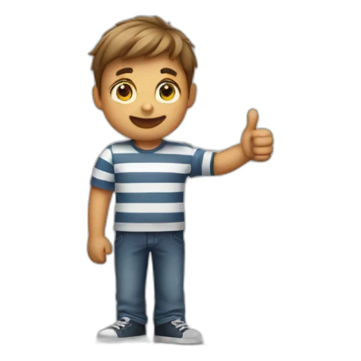 boy wears striped shirt giving a thumbs down sticker