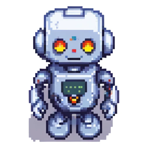 AI agent, small robot with a digital face, pixel art style sticker