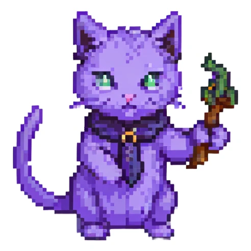 purple cat casting a spell pixel art sticker
