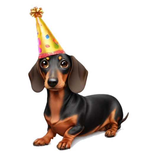Weiner dog with a party hat sticker