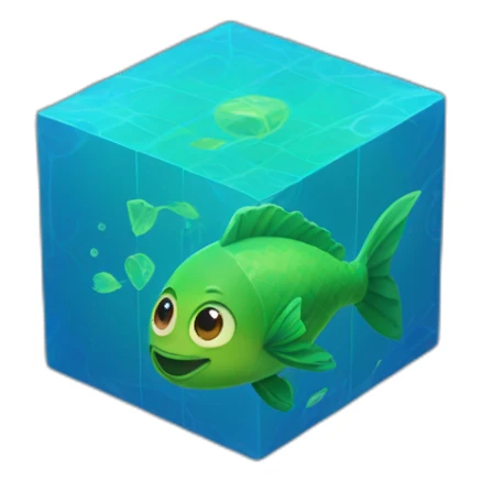 blue magic cube with a green face and a green fish tale sticker