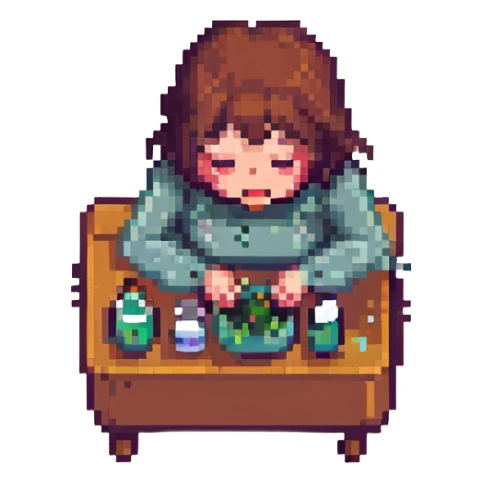 a girl vomiting, pixel art style sticker