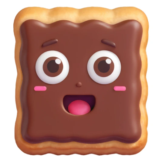 Rectangular chocolate mini pastry, slightly tilted, squished chocolate, crazy wide eyes, open mouth, text above: "ПАСТИЧКА", chibi style, Twitch emoji style, transparent background, colorful sticker