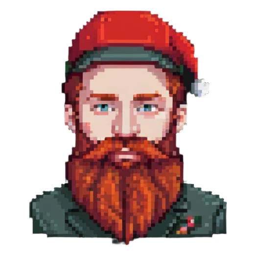 man with a big red beard and a small red hat sticker