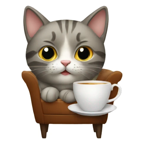 cat drinking tea looking at camera sitting in a chair sticker