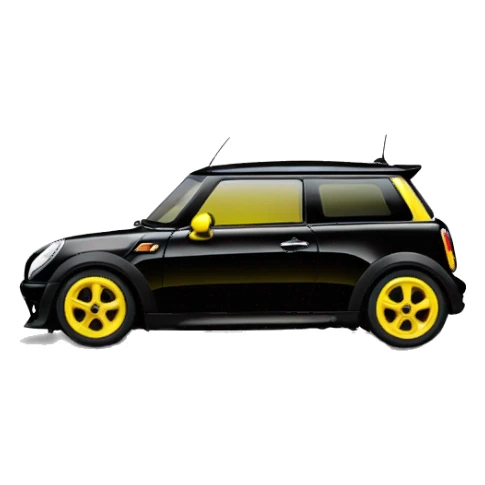 mini cooper black, yellow mirror,  sticker