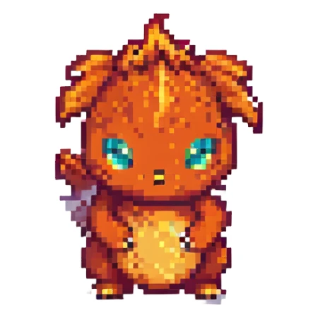 small cute fire-type creature inspired by classic Pokémon pixel art design sticker