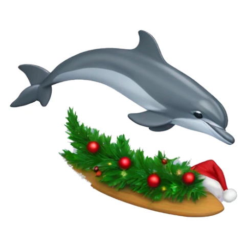Dolphin riding a wave holding a Christmas tree sticker